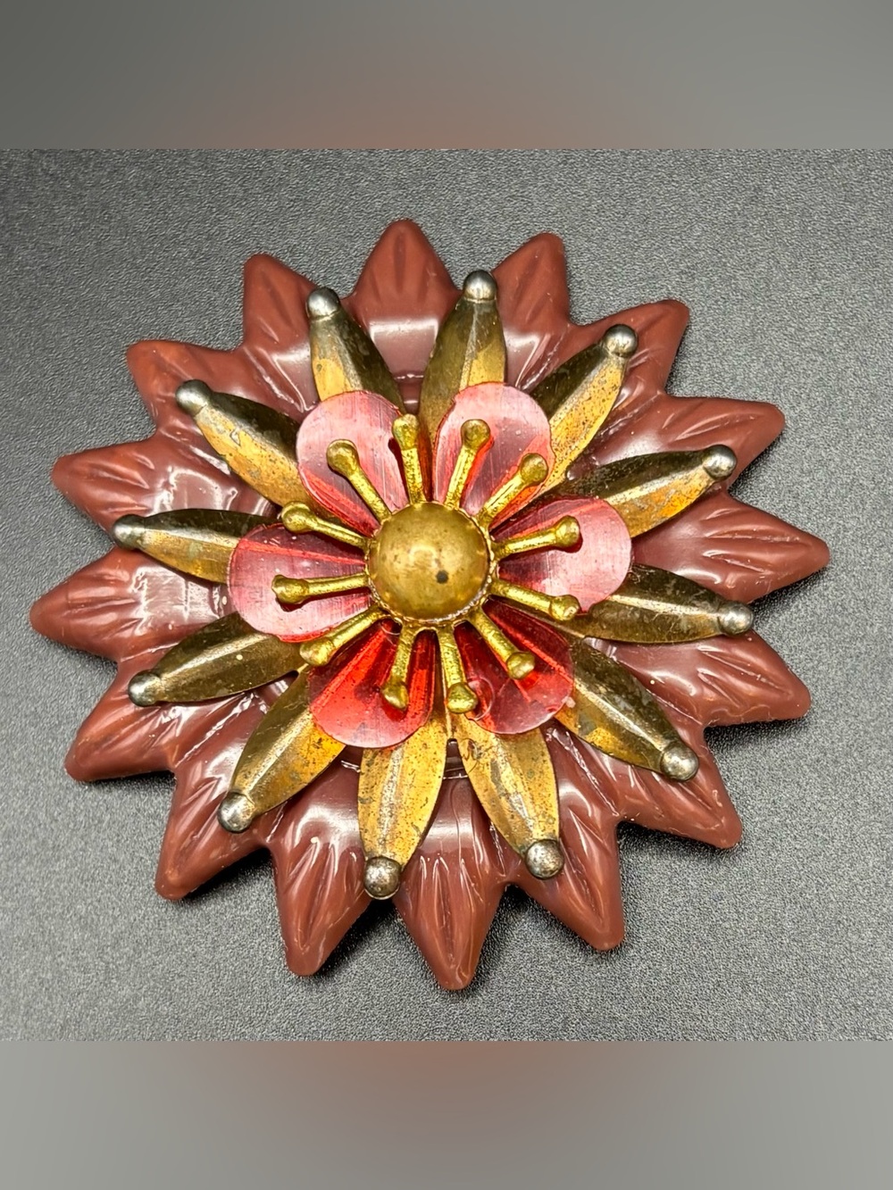 Vintage MCM Layered Flower Brooch Pin Acrylic Metal Starburst Retro Jewelry 2in